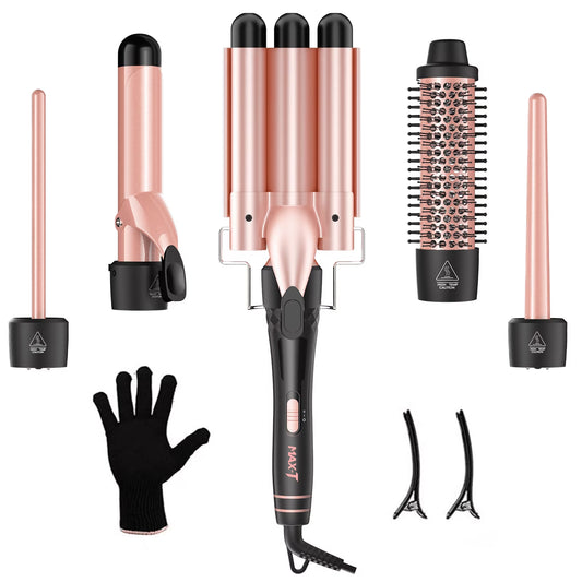 5-In-1 Curling Iron Set, Hair Waver, Curling Irons for Hair, Curling Wand Set, Hair Crimper Hair Curler, Hair Tool Kit with Thermal Brush, Gift for Women, Pink