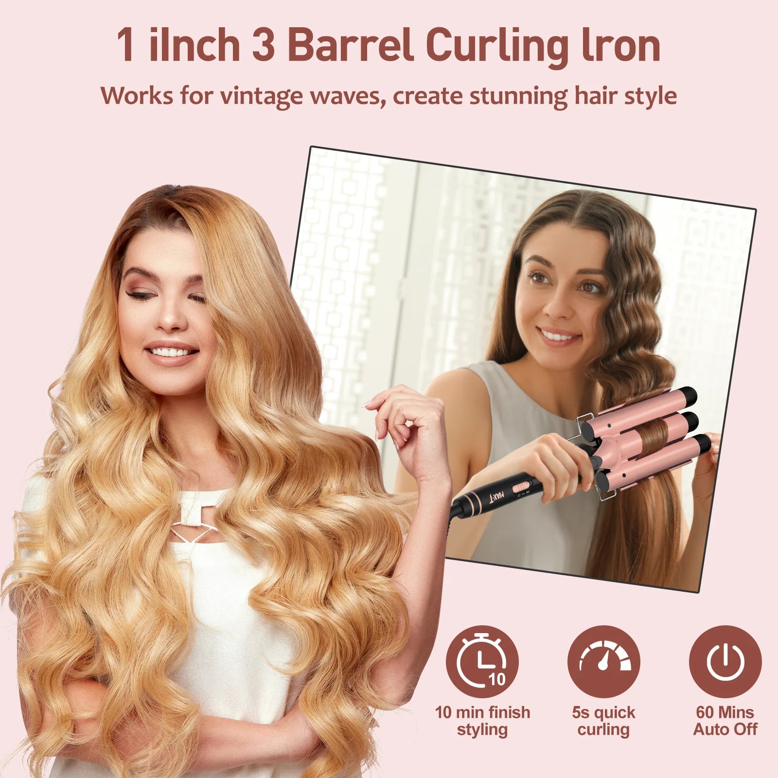 5-In-1 Curling Iron Set, Hair Waver, Curling Irons for Hair, Curling Wand Set, Hair Crimper Hair Curler, Hair Tool Kit with Thermal Brush, Gift for Women, Pink