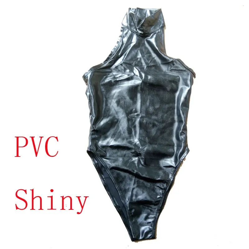 Sexy High Cut Swimsuit High Neck Halter Bodysuit Black One Piece Swimwear Body Suit Latex Catsuit Sexy Night Club Dance Wear