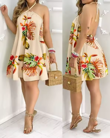 Floral Print Halter Neck Dress Boho Backless Halter Dress for Spring Summer Women'S Clothing