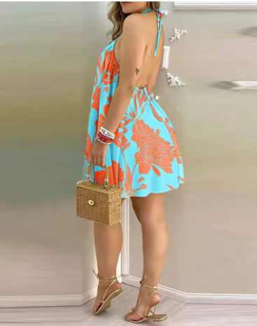Floral Print Halter Neck Dress Boho Backless Halter Dress for Spring Summer Women'S Clothing