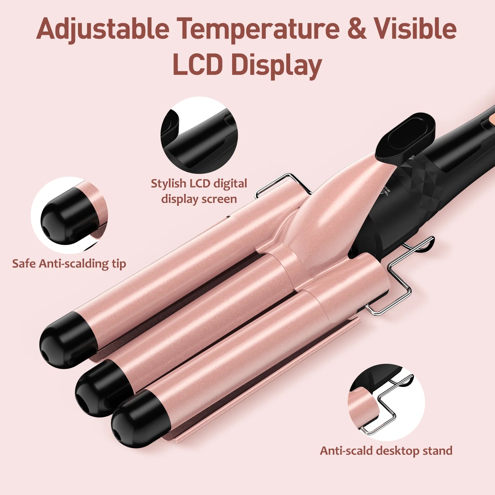 5-In-1 Curling Iron Set, Hair Waver, Curling Irons for Hair, Curling Wand Set, Hair Crimper Hair Curler, Hair Tool Kit with Thermal Brush, Gift for Women, Pink