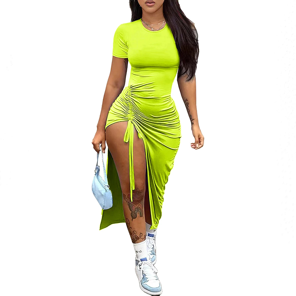 Women'S Fashion, Sexy, Slim Fit, Solid Color Pleated, Split Drawstring Dress