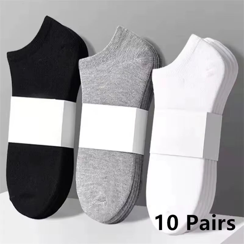 10 Pairs Men'S Polyester Boat Socks New Style Black White Grey Business Men Stockings Soft Breathable Summer for Male